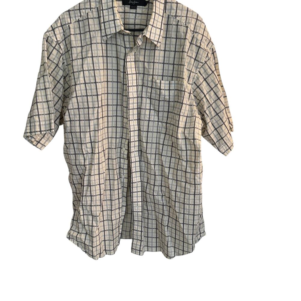 Sean John Shirt Men's XXL Beige/Black Plaid Short‎ Sleeve Button Down Collared